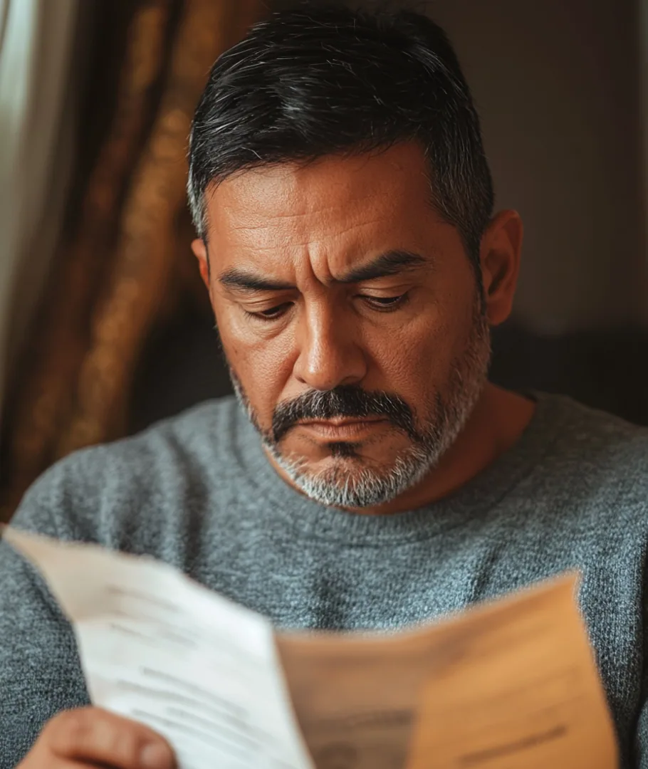 Un hombre sentado en un escritorio, mirando pensativo un documento legal.