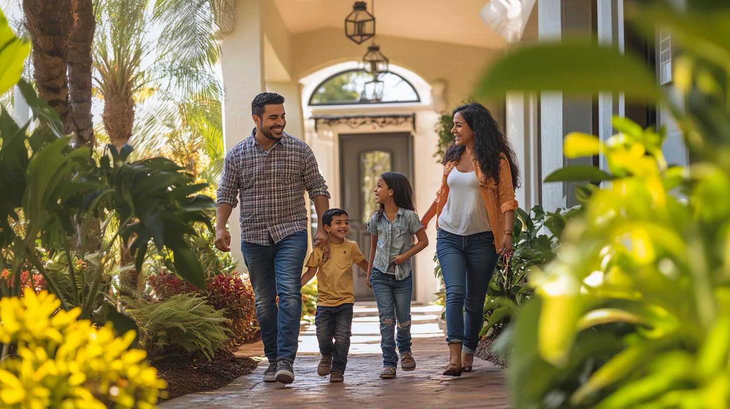 Una familia caminando junta en una soleada calle del sur de Florida.