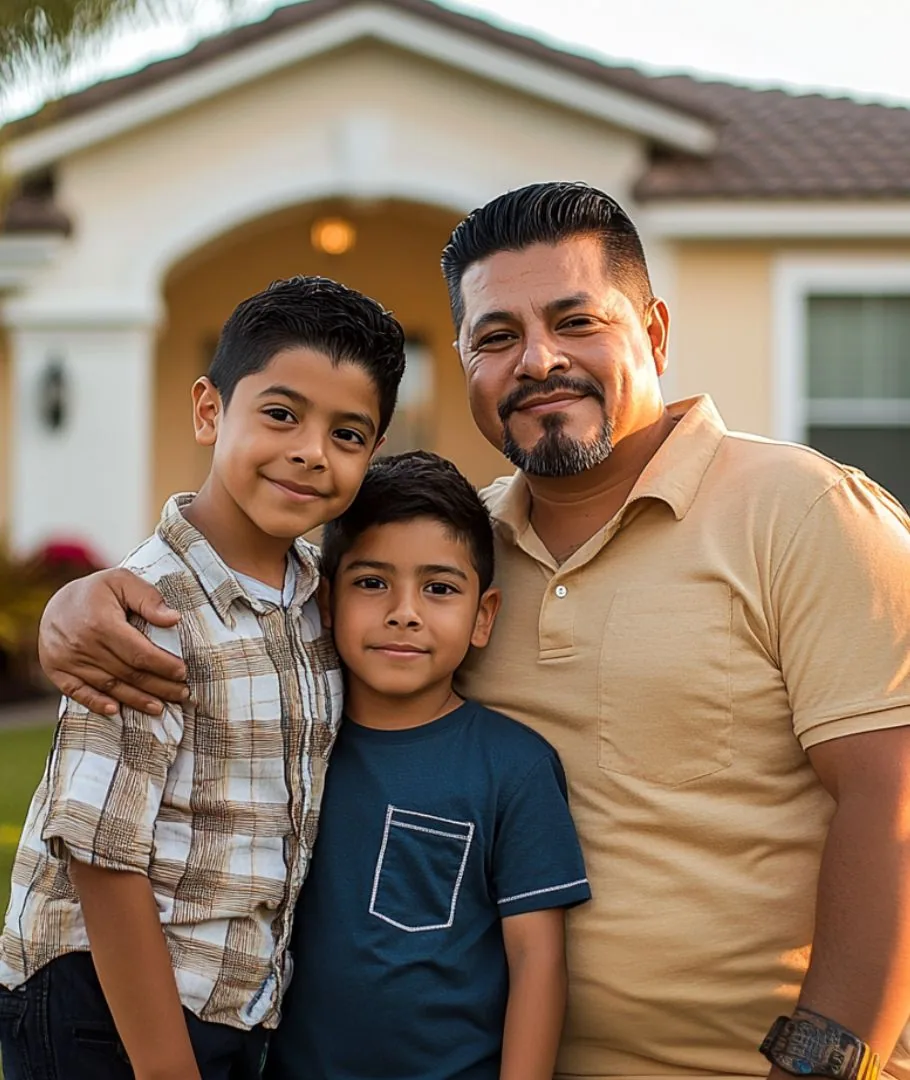 Padre con sus hijos frente a su casa en Florida