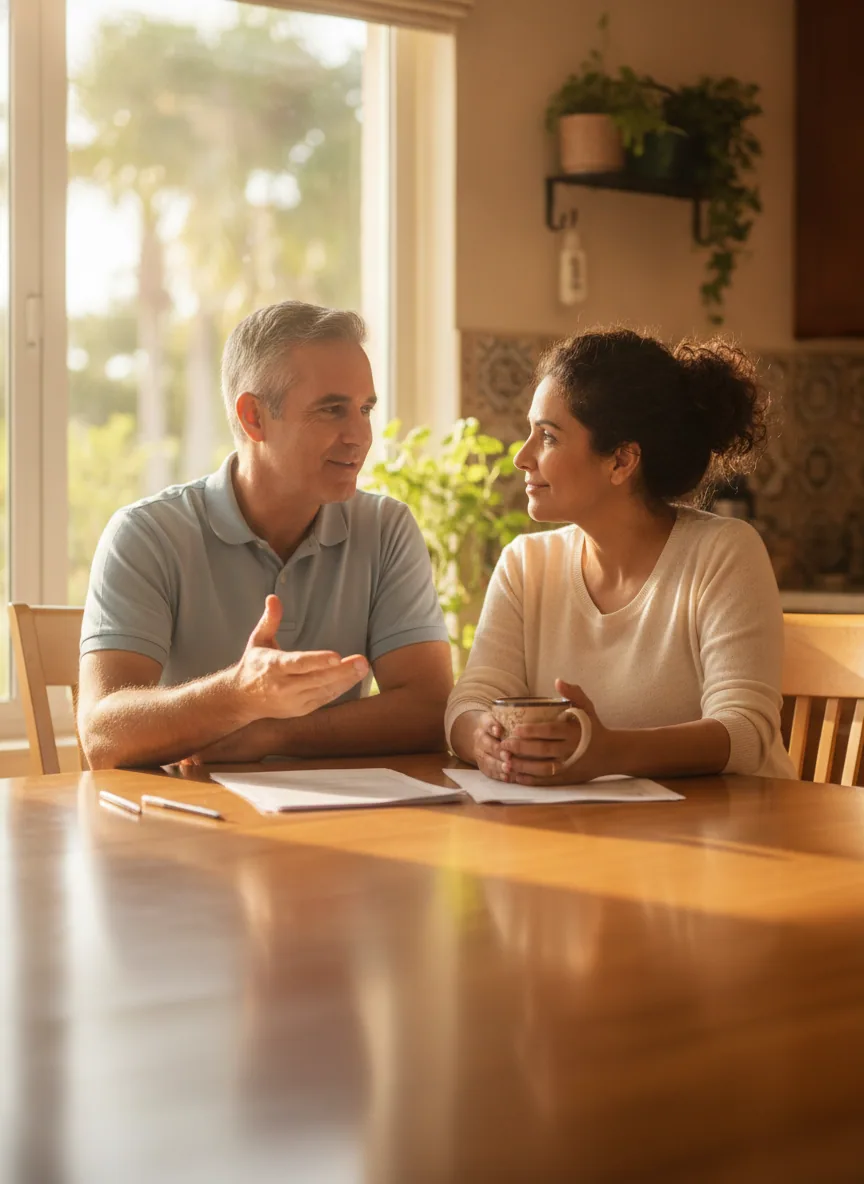 Pareja conversando sobre documentos en la mesa de su cocina