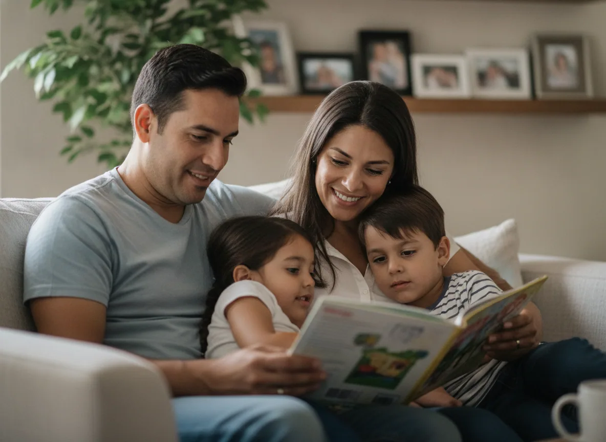 Padres leyendo un cuento con sus dos hijos pequeños en el sofá